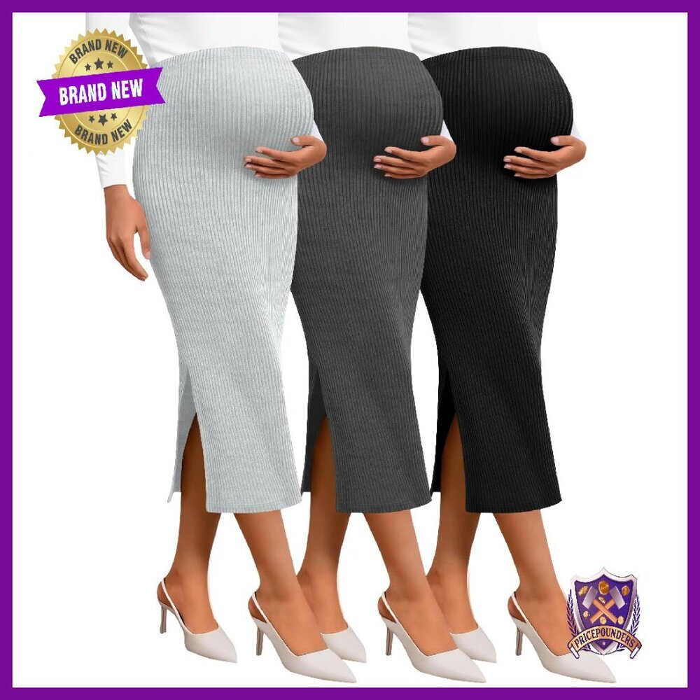 3 Pack Maternity Skirts High Waist Ribbed Knit Stretchy Pencil Long